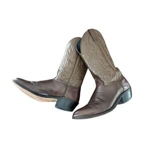 Vintage Brown Genuine Leather Cowboy Western Tall Boots Slip‎ On Men's Size 9